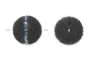 Lavastenen kraal, rond 14mm, met light sapphire Swarovski chatons. Per stuk
