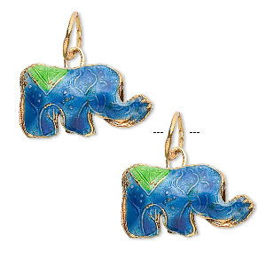 Cloisonné bedel, blauw olifantje, 13x19mm