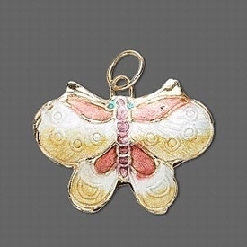 Cloisonné hanger, vlinder, goud/wit/koper/geel, 31x22mm