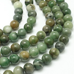 Jade, gemeleerd zeegroen, ronde kralen van 6mm. Per snoer van ca. 39cm.
