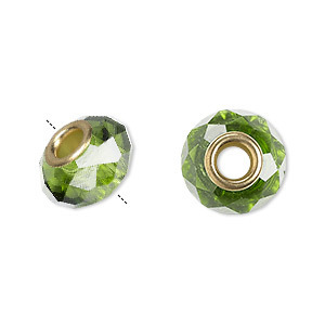 Celestial crystal rondelle kraal, groen, 15x8mm met goudplated hart, gat 4,5mm. Verkocht per stuk