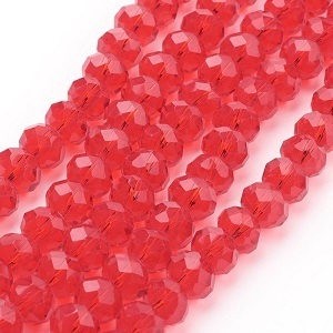 Glazen facetgeslepen rondelle kralen, 8x6mm, rood. Verkocht per 2 snoeren van ca. 40cm