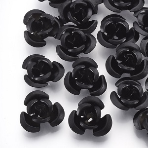 Aluminium kralen, zwarte rozen, 12x6mm. Verkocht per 30 gram = ca. 320 stuks