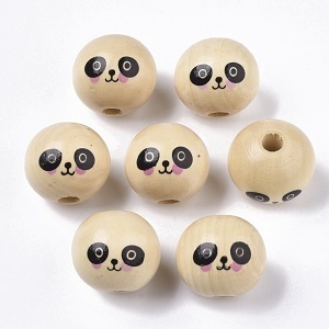 Houten ronde naturel kralen, 20mm groot, met Panda gezichtjes, rijggat 4mm. Verkocht per 50 stuks !!