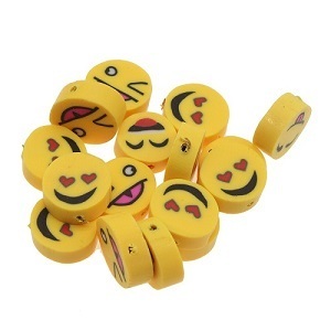 Poly-klei plat-ronde kralen, smileys / emoticons, 10x3mm, geel. Per 200 kralen.