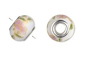 Porseleinen kraal, 14x9mm, zilverplated hart, gat 4-4,5mm, wit met roze/lichtgroene/gele bloemen