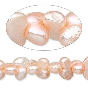 Zoetwaterparels, pindavorm, dwars geboord waardoor parels in elkaar grijpen, peach, 6-7mm