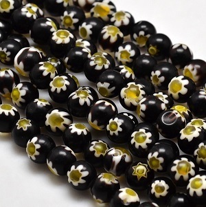 Millefiori glazen kralen, rond 8mm, one-flower zwart. Verkocht per snoer van ca. 40cm