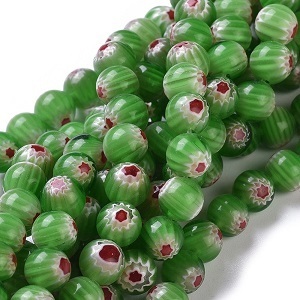 Millefiori glas, ronde kralen van 8mm, one-flower groen, Verkocht per snoer van ca. 40cm